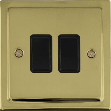 polished brass light switch (2 gang/black switches) front fc20825