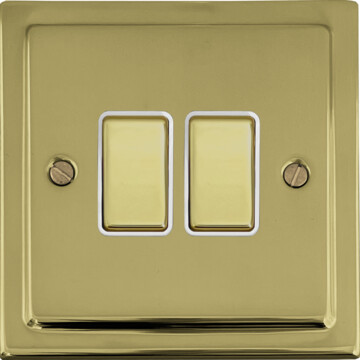polished brass light switch (2 gang/brass switches/white inserts) front fc20825