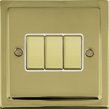polished brass light switch (3 gang/brass switches/white inserts) front fc20825
