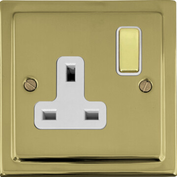 polished brass single socket (brass switch/white inserts) front fc20825