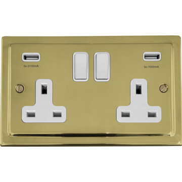 polished brass double socket with usb (white switches) front fc20825