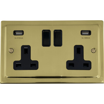 polished brass double socket with usb (black switches) front fc20825