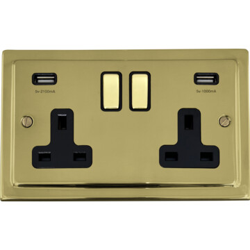 polished brass double socket with usb (brass switches) front fc20825