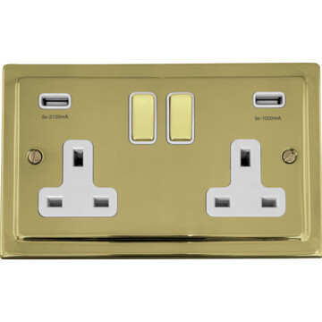 polished brass double socket with usb (brass switcheswhite inserts) front fc20825