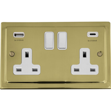 polished brass double socket with usb (usb a and usb c/white switches) front fc20825