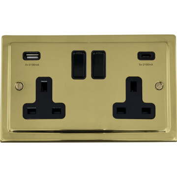 polished brass double socket with usb (usb a and usb c/black switches) front fc20825