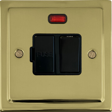 polished brass switched fused spur with neon (black switch) front fc20825