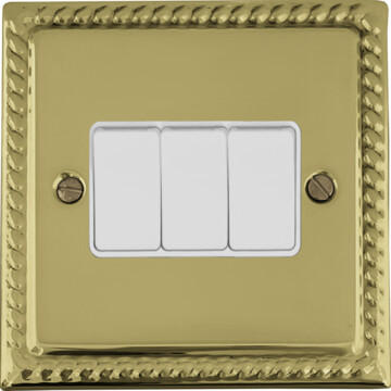 monarch polished brass light switch (3 gang/white switches) front fc20825