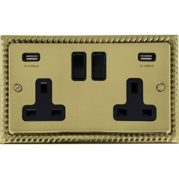 monarch polished brass double socket with usb (black switches) front fc20825
