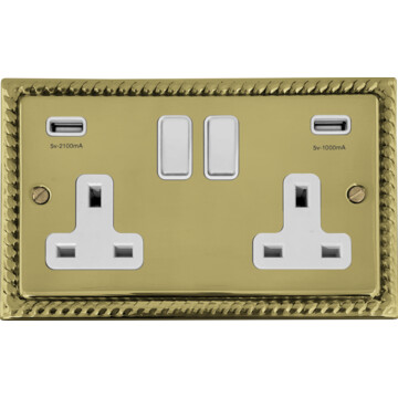 monarch polished brass double socket with usb (white switches) front fc20825