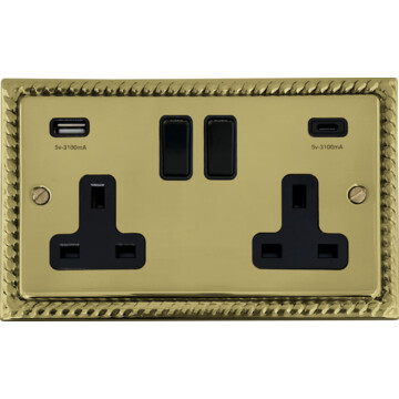 monarch polished brass double socket with usb (usb a and usb c/black switches) front fc20825