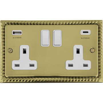 monarch polished brass double socket with usb (usb a and usb c/white switches) front fc20825