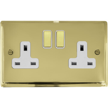 deco polished brass double socket (brass switches/white inserts) front fc20825