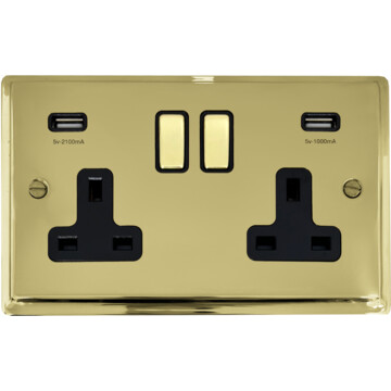 deco polished brass double socket with usb (brass switches) front fc20825