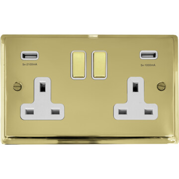 deco polished brass double socket with usb (brass switches/white inserts) front fc20825