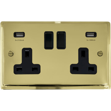 deco polished brass double socket with usb (black switches) front fc20825