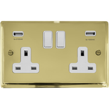 deco polished brass double socket with usb (white switches) front fc20825