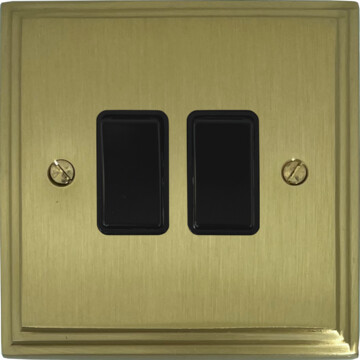 victorian cast satin brass light switch (2 gang/black switches) front fc20825