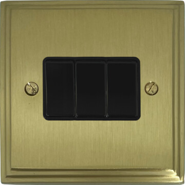 victorian cast satin brass light switch (3 gang/black switches) front fc20825