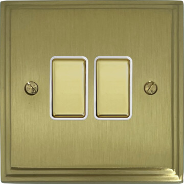victorian cast satin brass light switch (2 gang/brass switches/white inserts) front fc20825