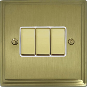victorian cast satin brass light switch (3 gang/brass switches/white inserts) front fc20825