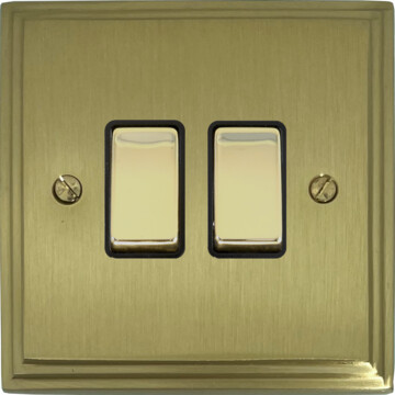 victorian cast satin brass light switch (2 gang/brass switches/black inserts) front fc20825