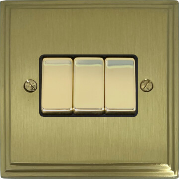 victorian cast satin brass light switch (3 gang/brass switches/black inserts) front fc20825