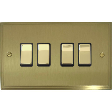 victorian cast satin brass light switch (4 gang/brass switches/black inserts) front fc20825