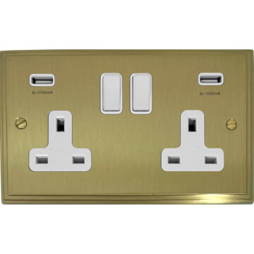 victorian cast satin brass double socket with usb (white switches) front fc20825