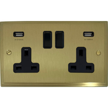 victorian cast satin brass double socket with usb (black switches) front fc20825