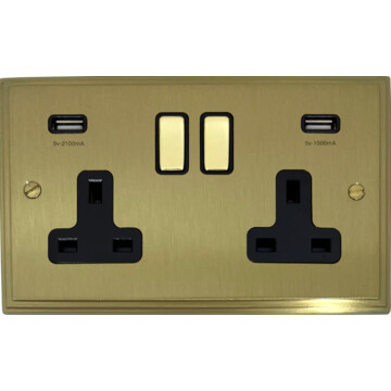 victorian cast satin brass double socket with usb (brass switches/black inserts) front fc20825