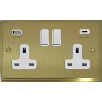 victorian cast satin brass double socket with usb (usb a and usb c/white switches) front fc20825