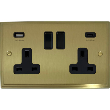 victorian cast satin brass double socket with usb (usb a and usb c/black switches) front fc20825