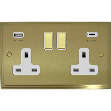 victorian cast satin brass double socket with usb (usb a and usb c/brass switches/white inserts) front fc20825