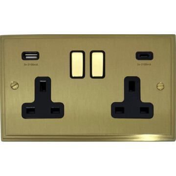 victorian cast satin brass double socket with usb (usb a and usb c/black switches) front fc20825