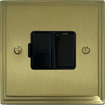 victorian cast satin brass switched fused spur (black switch) front fc20825