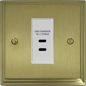 victorian cast satin brass usb charger (2x usb c) (1 gang/white insert) front fc20825