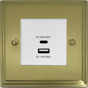 victorian cast satin brass usb charger (dual usb a + c quick charge) (1 gang/white insert) front fc20825