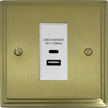 victorian cast satin brass usb charger (usb a and usb c) (1 gang/white insert) front fc20825