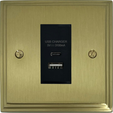 victorian cast satin brass usb charger (usb a and usb c) (1 gang/black insert) front fc20825