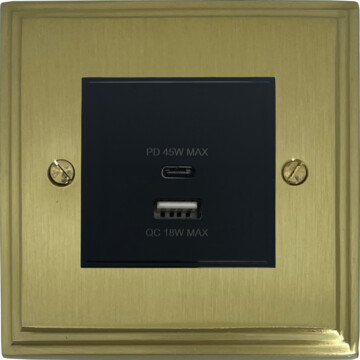 victorian cast satin brass usb charger (dual usb a + c quick charge) (1 gang/black insert) front fc20825
