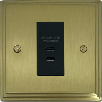 victorian cast satin brass usb charger (2x usb c) (1 gang/black insert) front fc20825