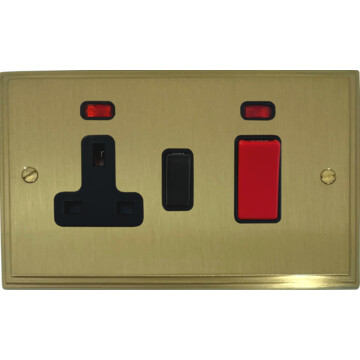 victorian cast satin brass cooker switch with socket (black switch) front fc20825