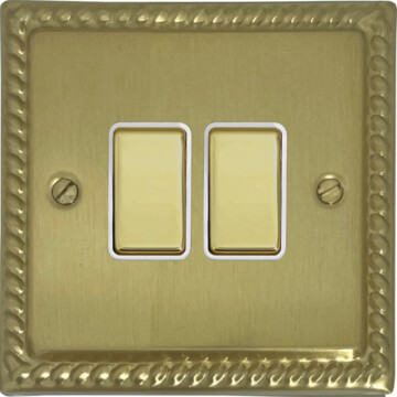 monarch satin brass light switch (2 gang/brass switches/white inserts) front fc20825