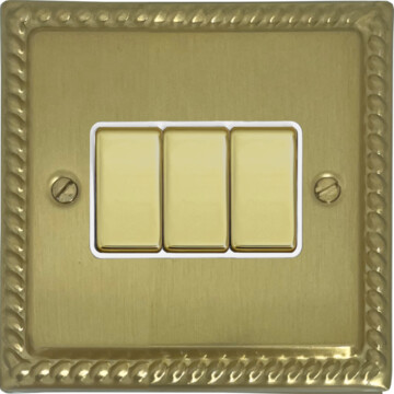 monarch satin brass light switch (3 gang/brass switches/white inserts) front fc20825