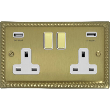 monarch satin brass double socket with usb (brass switch/white insert) front fc20825