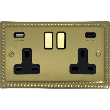 monarch satin brass double socket with usb (usb a and usb c/black inserts brass switches) front fc20825