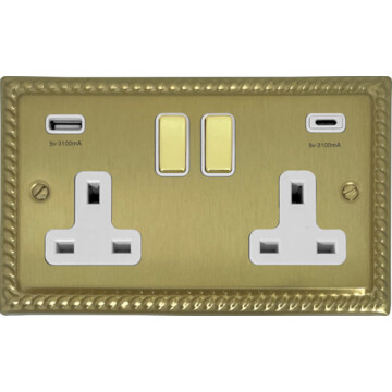 monarch satin brass double socket with usb (usb a and usb c/white inserts brass switches) front fc20825