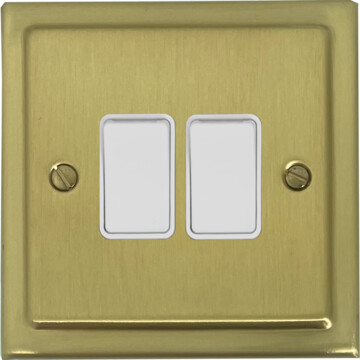 trimline satin brass light switch (2 gang/white switches) front fc20825