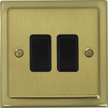 trimline satin brass light switch (2 gang/black switches) front fc20825